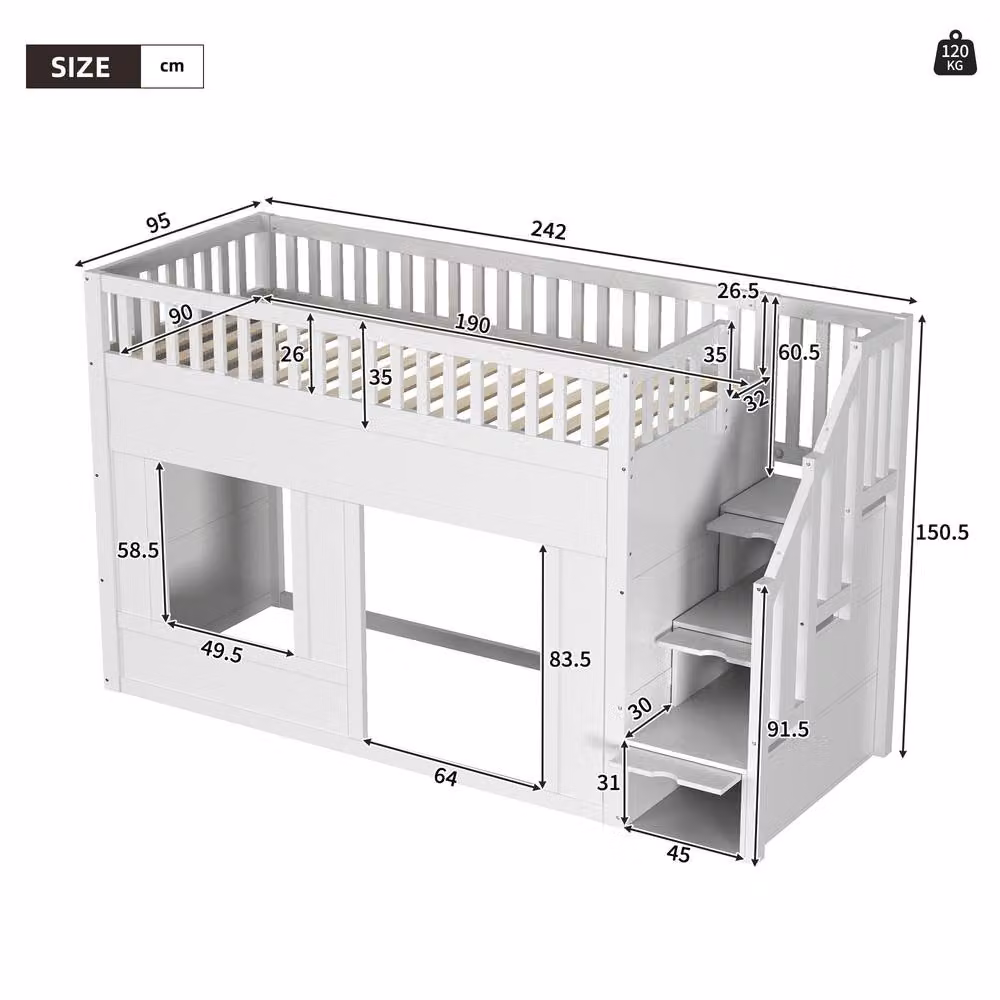 Merax White Childrens House Loft Bed with Storage Stairs and Side Compartments, W/D/H: 190 x 90 x 120 cm – 2
