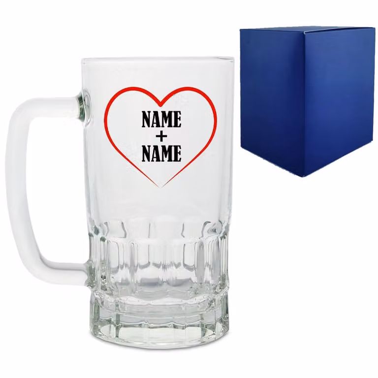 Uniqueful Personalised Heart Glass Beer Tankard in Clear for Couples