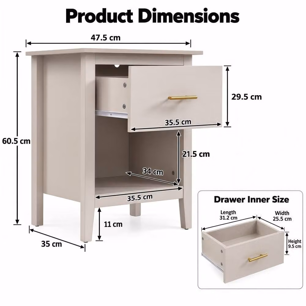 Merax Set of 2 Modern Style Bedside Tables with Drawer and Open Shelf in Beige – 2
