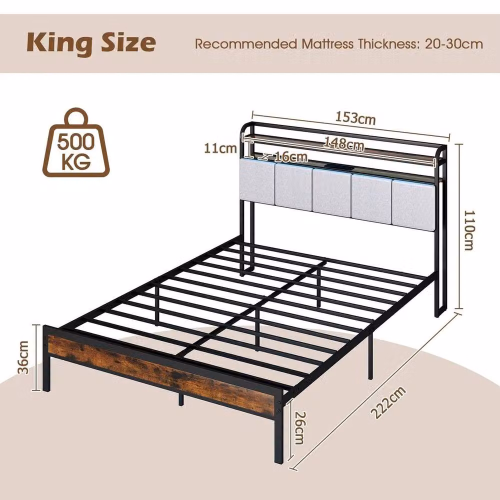 KORVIXA King Size Bed Frame with 2-Tier Storage, LED Under-Bed Lighting and USB Charging Ports, Multicolour, W/D/H: 180 x 200 cm – 2
