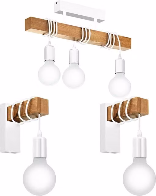 Loops Ceiling Spot Light and 2x Matching Wall Lights in White and Wood