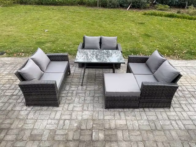 Fimous 7 Seater Rattan Wicker Garden Furniture Set with Rectangular Dining Table and Love Seat in Dark Grey