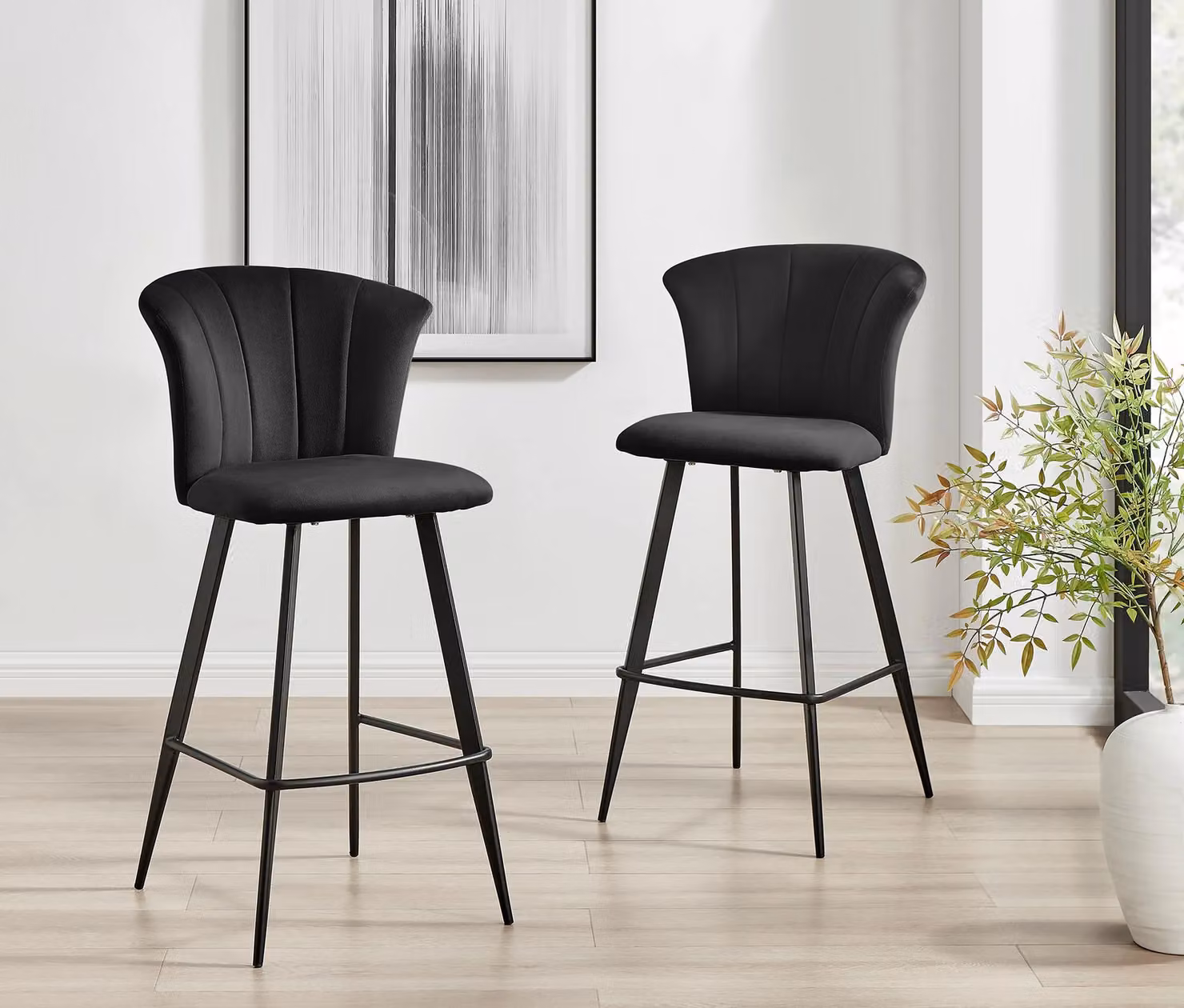 FurnitureboxUK Set of 2 Juniper Soft Touch Velvet Fluted Art Deco Counter Stools with Black Metal Legs – 2