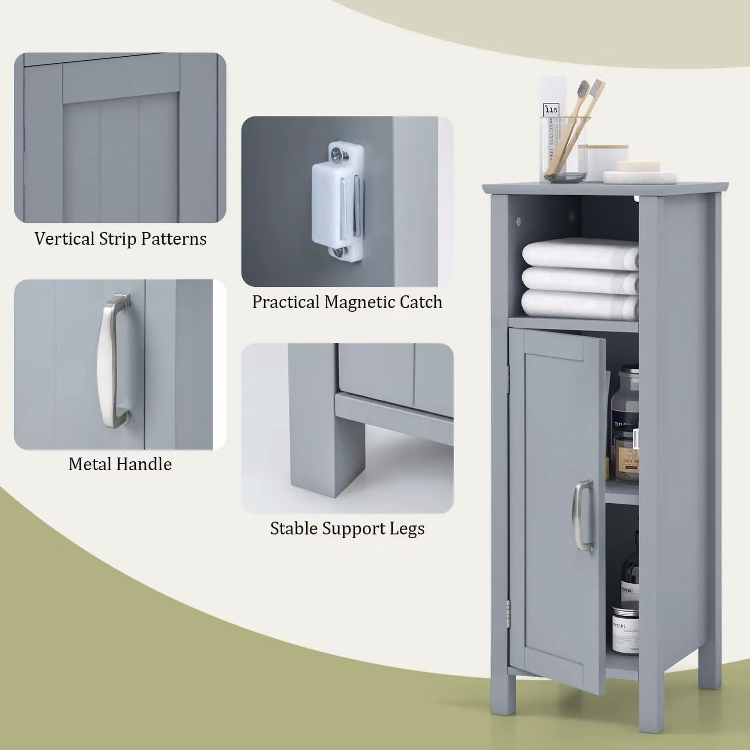 Costway Grey Freestanding Narrow Bathroom Floor Cabinet with Hinged Doors and Internal Shelves – 3