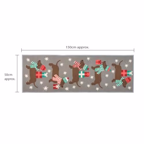 JVL Premium Christmas Mat and Runner Set with Doggy Graphic Design, Non-Slip and Washable – 4