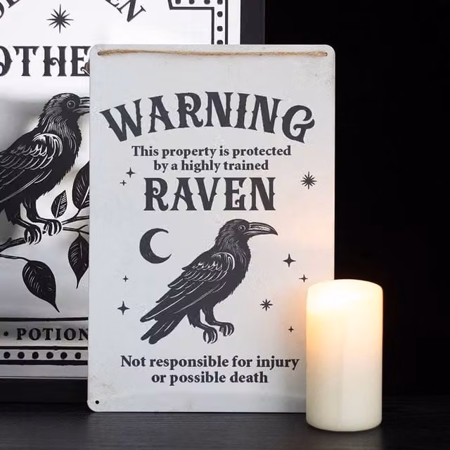 Uniqueful Gothic Protected by a Raven Metal Hanging Sign in White – 1