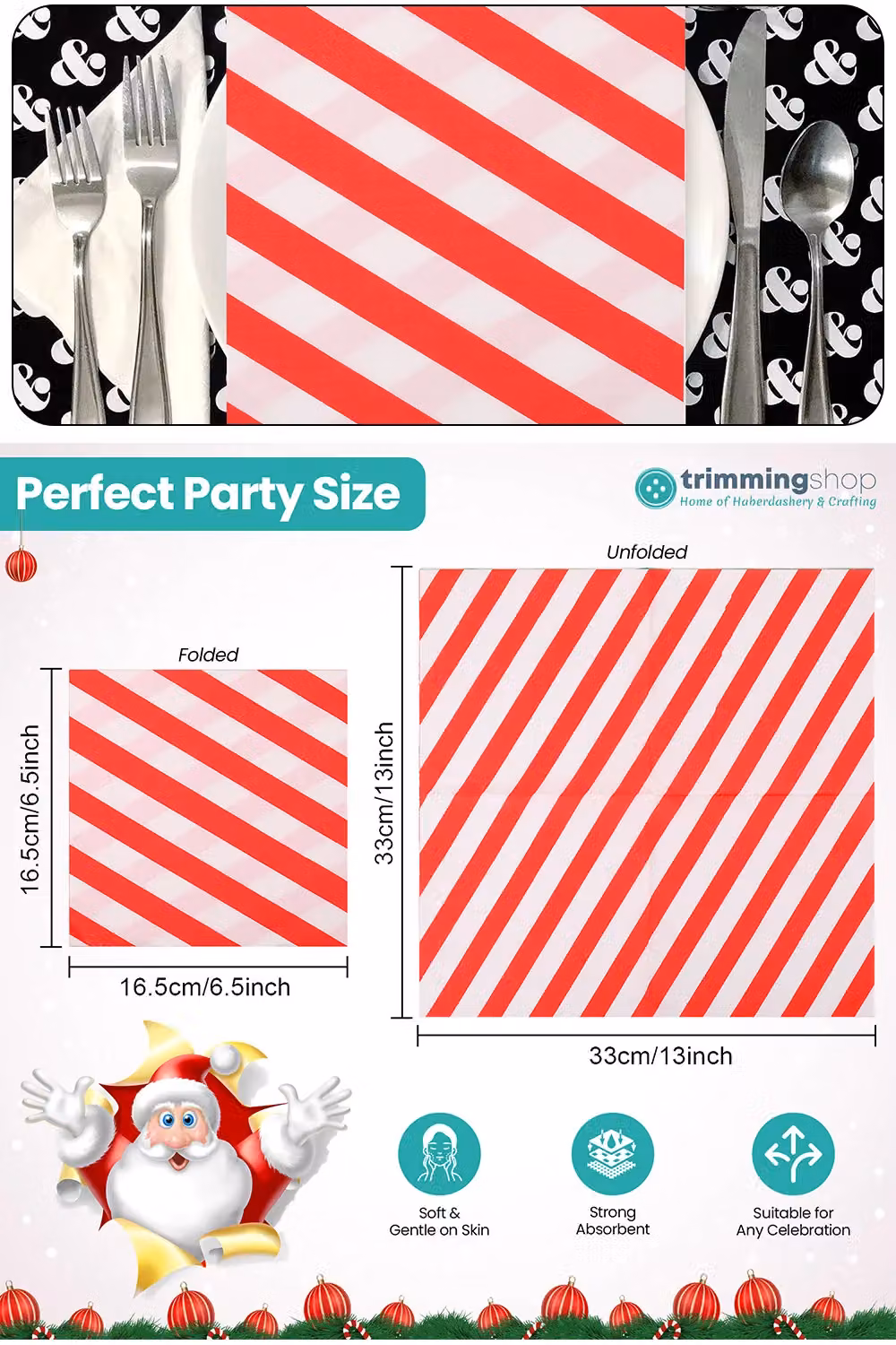 Neel Blue Christmas Party Paper Napkins in White and Red Stripes, 33 x 33 cm – 2
