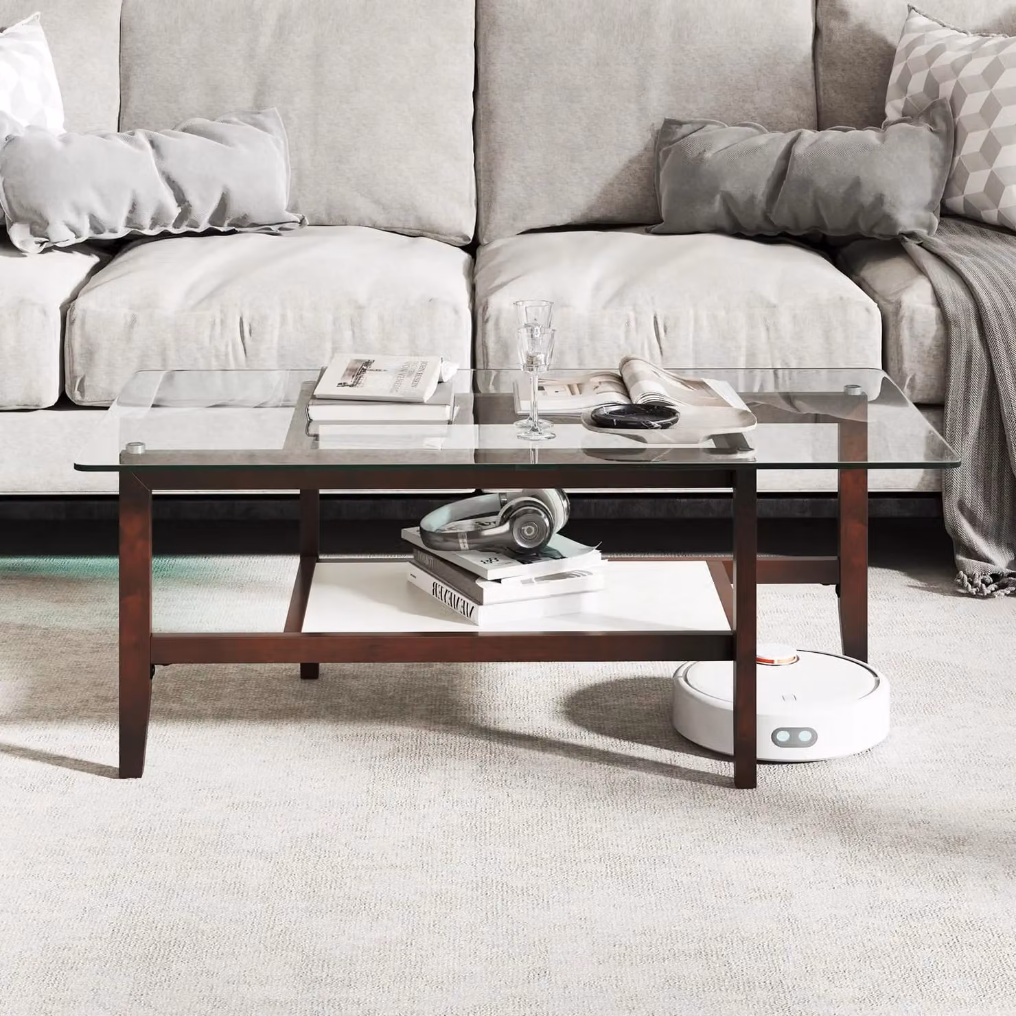 Gymax 2-Tier Glass and Rubberwood Coffee Table with Storage Shelf, Brown – 3