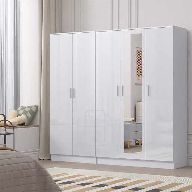 Reflect Wardrobe Bundle with 3-Door Mirror and 2-Door Plain Design in White Gloss and Matt White, W/D/H: 120 x 46.99 x 188 cm – 1