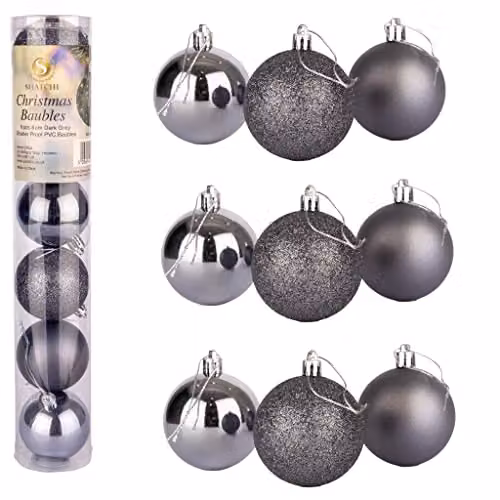 Shatchi Set of 3 Shatterproof Christmas Baubles in Grey and Silver, 15 cm Round Hanging Decorations