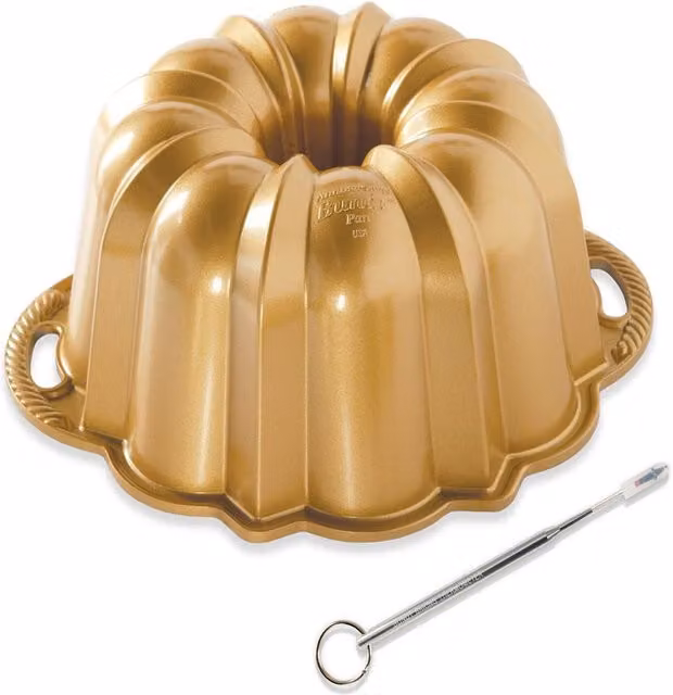 Nordic Ware Anniversary Non-Stick Aluminium Bundt Tin and Reusable Cake Thermometer, Gold