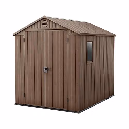 Keter Darwin 6x8ft Outdoor Resin Garden Shed in Brown Evotech+ Wood-Look with Double Doors, Window and Lockable Storage