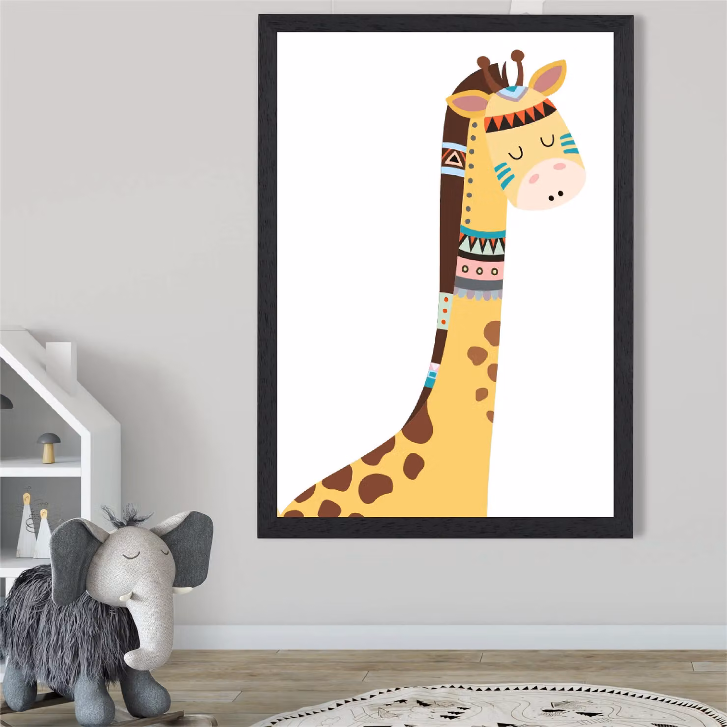 ARTZE Peeking Giraffe Tribal Animal Framed Print, Yellow and Black, A3 – 2