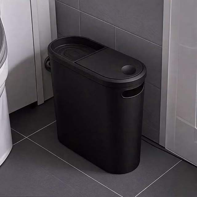 Kelvenix Black Narrow Plastic Slim Waste Bin with Touch Lid for Bathroom