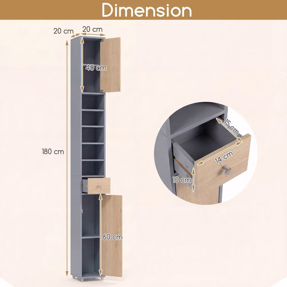 Costway Grey Slim Freestanding Bathroom Tall Cabinet with Internal Shelves and Drawers – 2