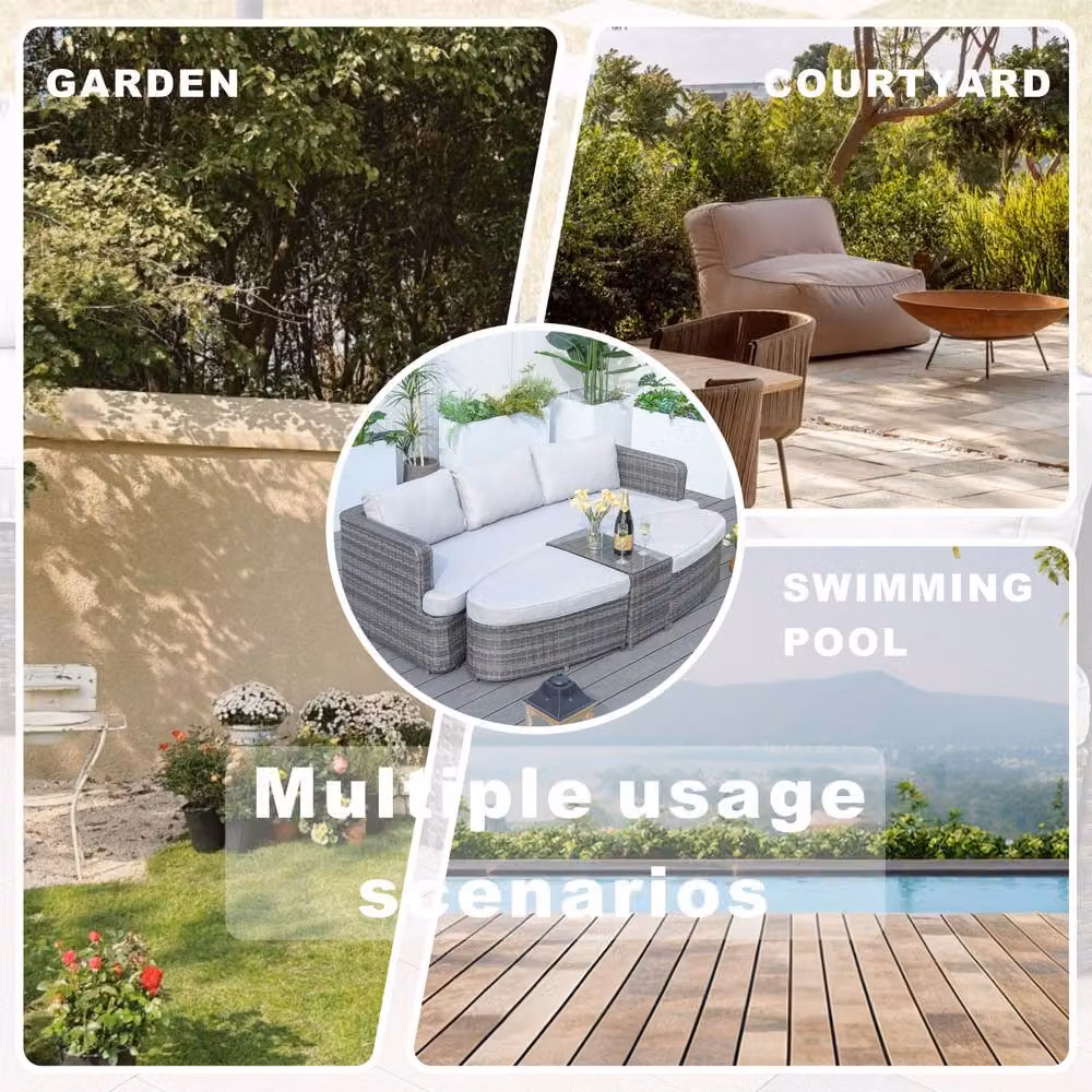 Direct Wicker Grey Rattan Outdoor Garden Furniture Set with 2 Seater Sofa, Ottoman, Coffee Table and Upholstered Cushions – 4