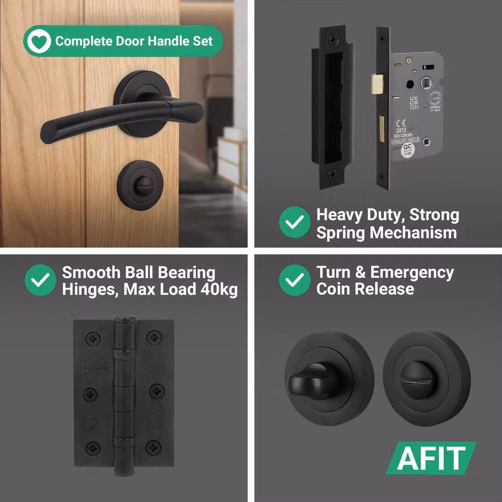 AFIT Matt Black Round Rose Bathroom Door Handle Set with WC Lock and Hinges, W/D/H: 15 x 15 x 6 cm – 8