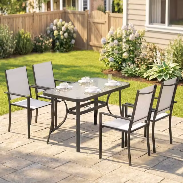 OUTSUNNY Modern Garden Dining Set with Glass Table and Stackable Chairs in Light Grey – 1
