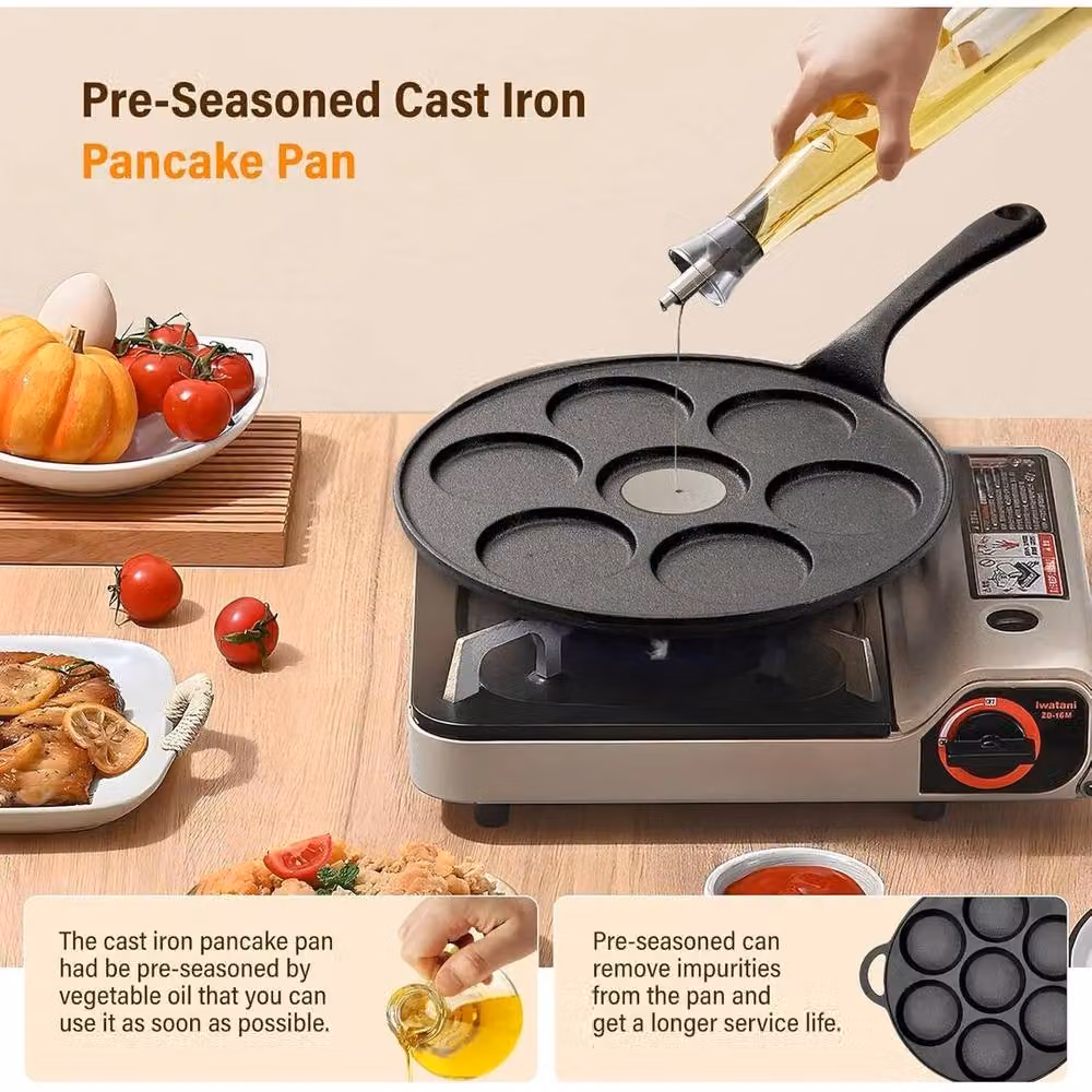 EONLION Black Cast Iron 15-Hole Mini Pancake and Crepe Pan with Double Handles, 23 cm – 4