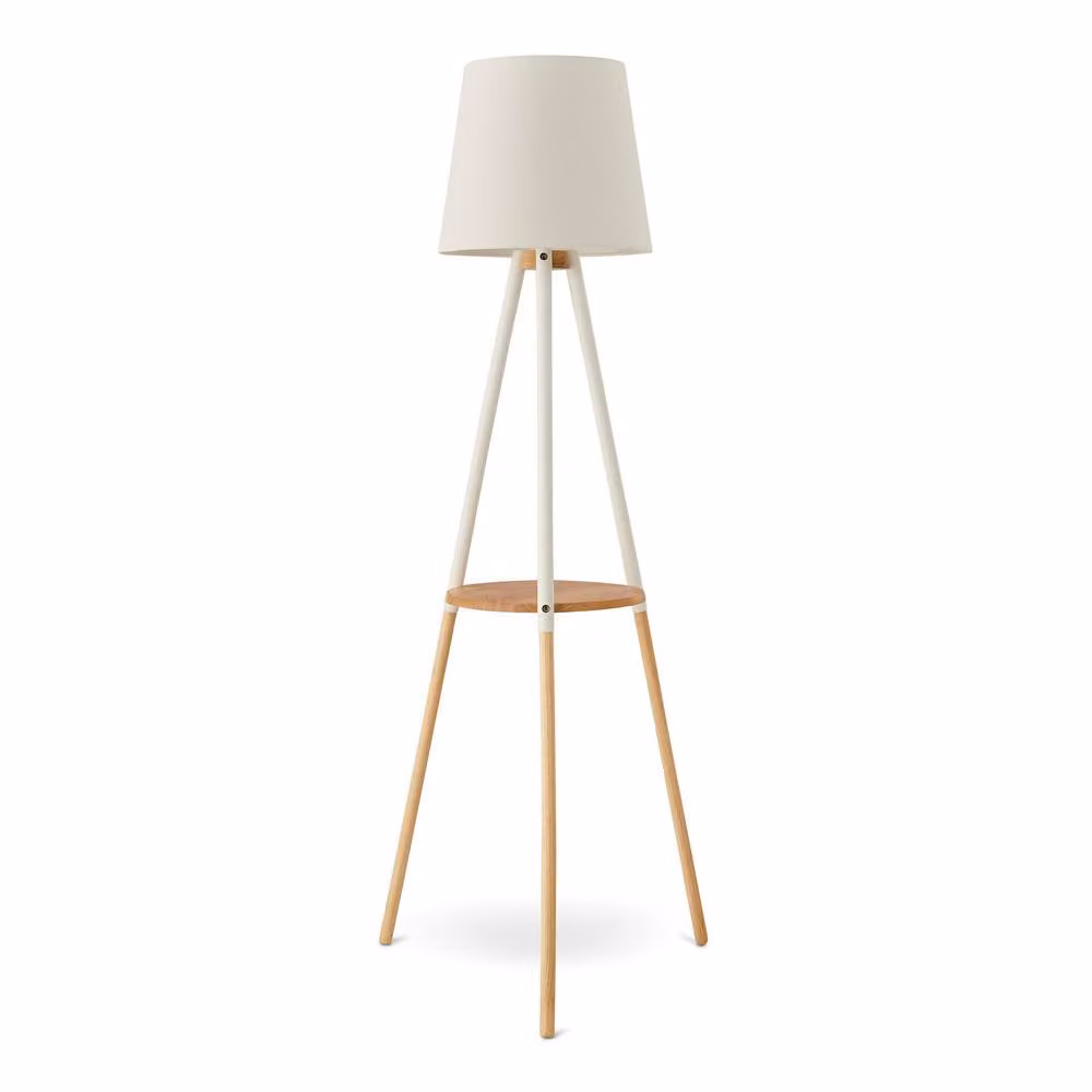 FurnitureboxUK Kelsey White and Wood Tripod Standing Floor Lamp with Shelf and Fabric Shade – 3
