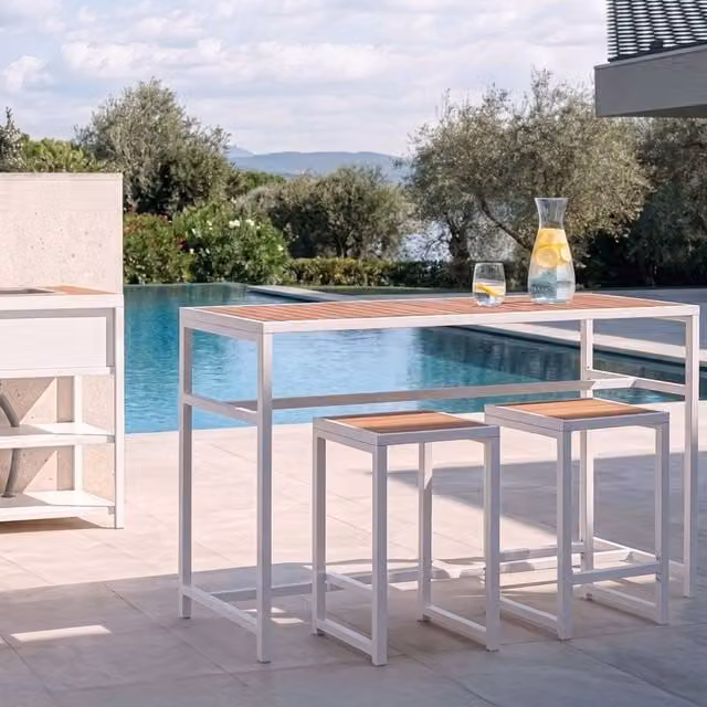 Wyld Haus Polywood 3 Piece Garden Dining Set with Rectangular Table and 2 Stools in White Powder Coated Steel