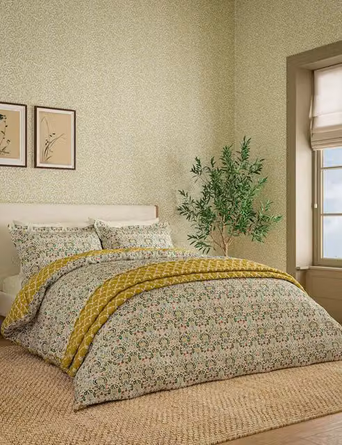 Morris & Co Little Chintz Floral Cotton Percale Bedding Set, Green Multicolour, W: 180 cm x L: 200 cm