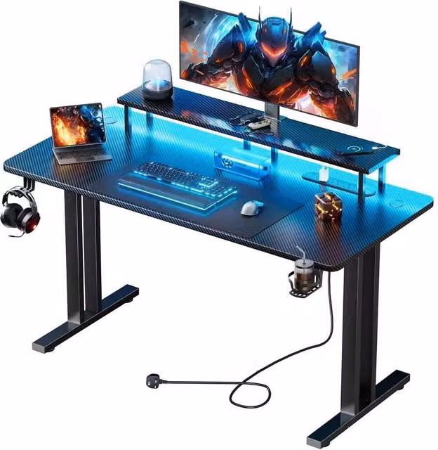 FORGEVIO Modern Black Gaming Computer Desk with Monitor Stand, W: 140 cm, D: 60 cm – 1