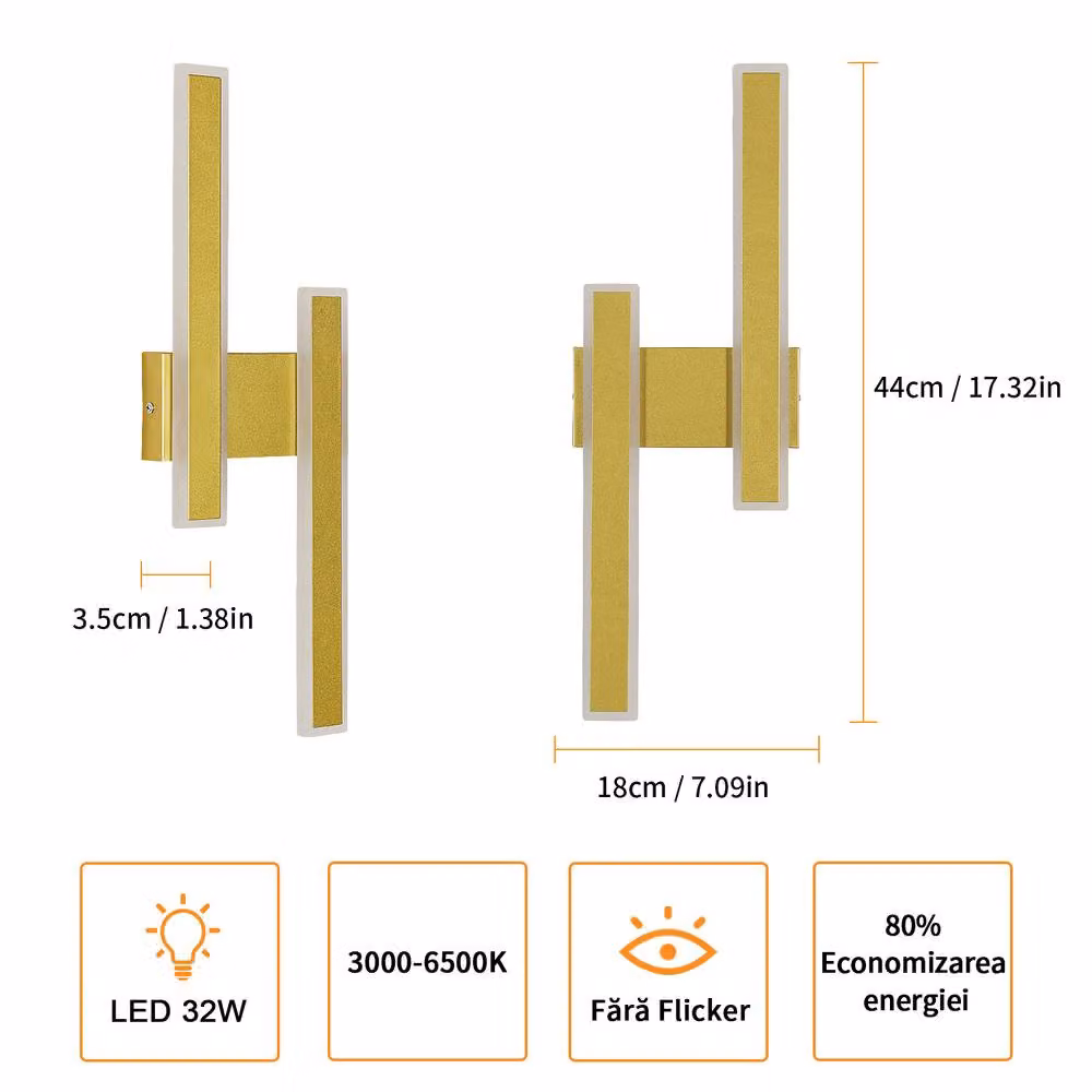 Pheashine Gold Double Bar LED Wall Sconce, 32W CCT Adjustable, W/D/H: 44 x 18 x 3.5 cm – 3