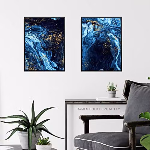 Artery8 Set of 2 Abstract Dark Blue and Gold Marble Unframed Wall Art Paper Posters, W: 21.0 cm, H: 29.7 cm – 4