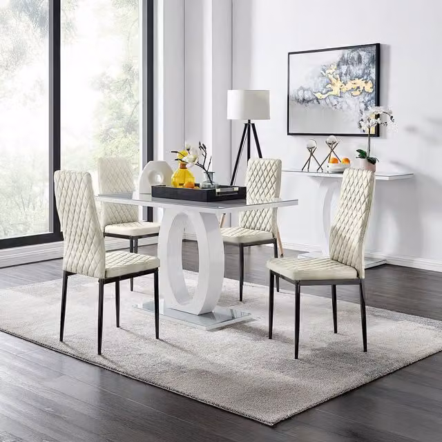 FurnitureboxUK Giovani Grey Glass Rectangular Dining Table and 4 Cream Velvet Milan Chairs with Black Legs