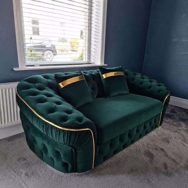Stratus Interiors Ambassador Chesterfield 2 Seater Sofa in Green Plush Velvet with Gold Trim