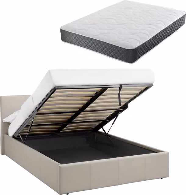Luna Kingsize Ottoman Bed in Cream Beige Faux Leather with Hybrid Spring and Foam Mattress, W/D/H: 150 x 200 cm