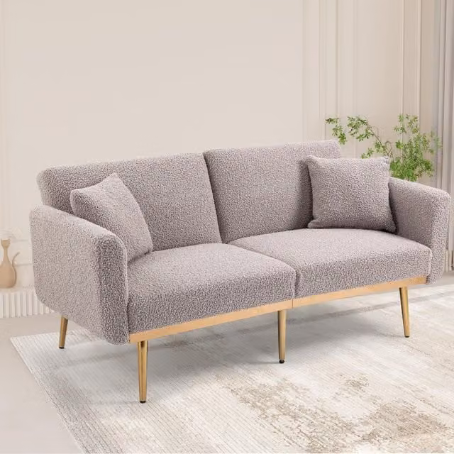 GOMYWAY Modern 2-Seater Grey Boucle Sofa Bed with 3-Position Adjustable Backrest and Scatter Cushions, W/D/H: 165 x 72.5 x 75 cm – 1