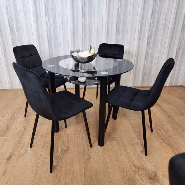 Kosy Koala Modern Round Black Glass Dining Table with Storage Shelf and 4 Black Chairs