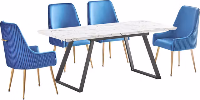 Life Interiors Soho Toga LUX Dining Set with Rectangular Marble Table and 4 Blue Velvet Upholstered Chairs with Gold Metal Sled Base