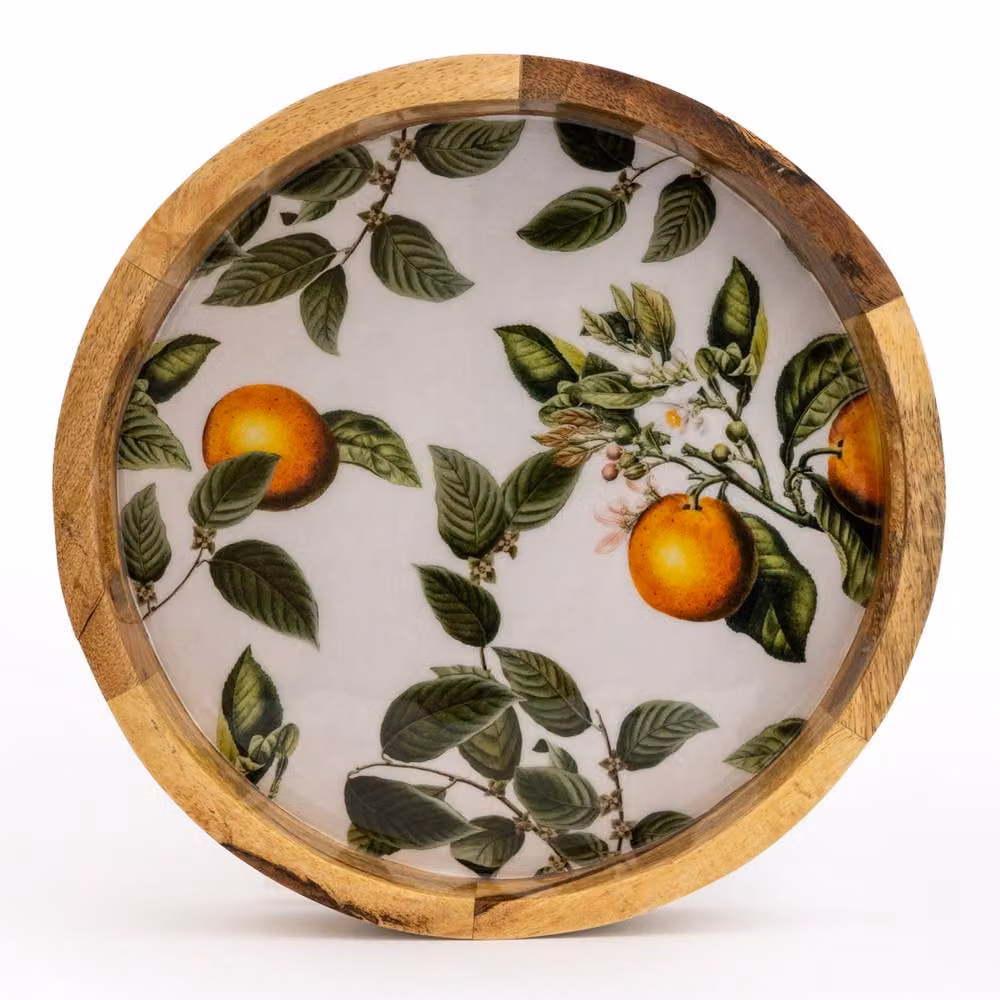 Madison & Mayfair Round Wood Tray with Orange Blossom Enamel Inlay, White, Diameter: 30 cm – 2
