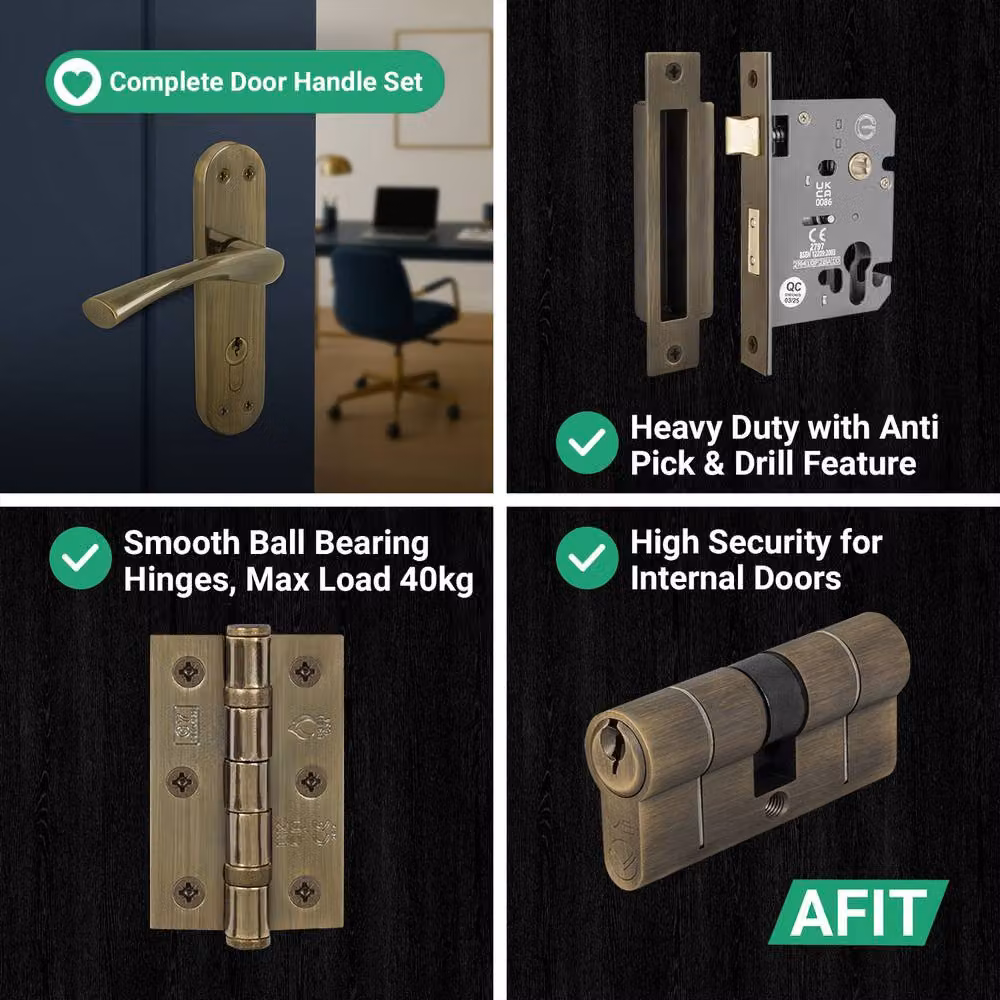 AFIT Antique Brass Euro Cylinder Door Handle Lock and Hinges Complete Set in Bronze – 4