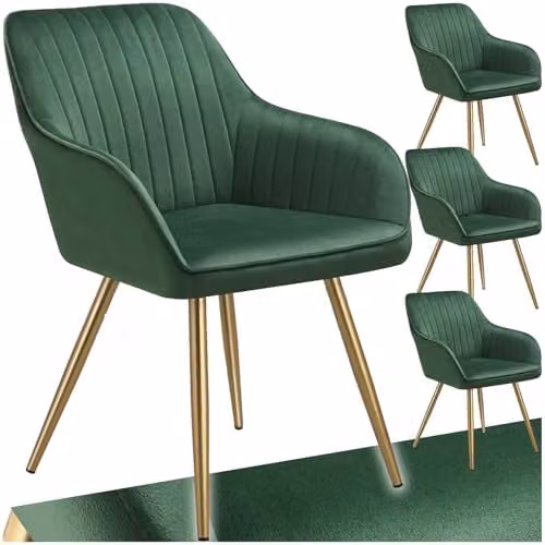 tectake Set of 4 Marilyn Dining Chairs in Green and Gold with Velvet Fabric and Metal Legs
