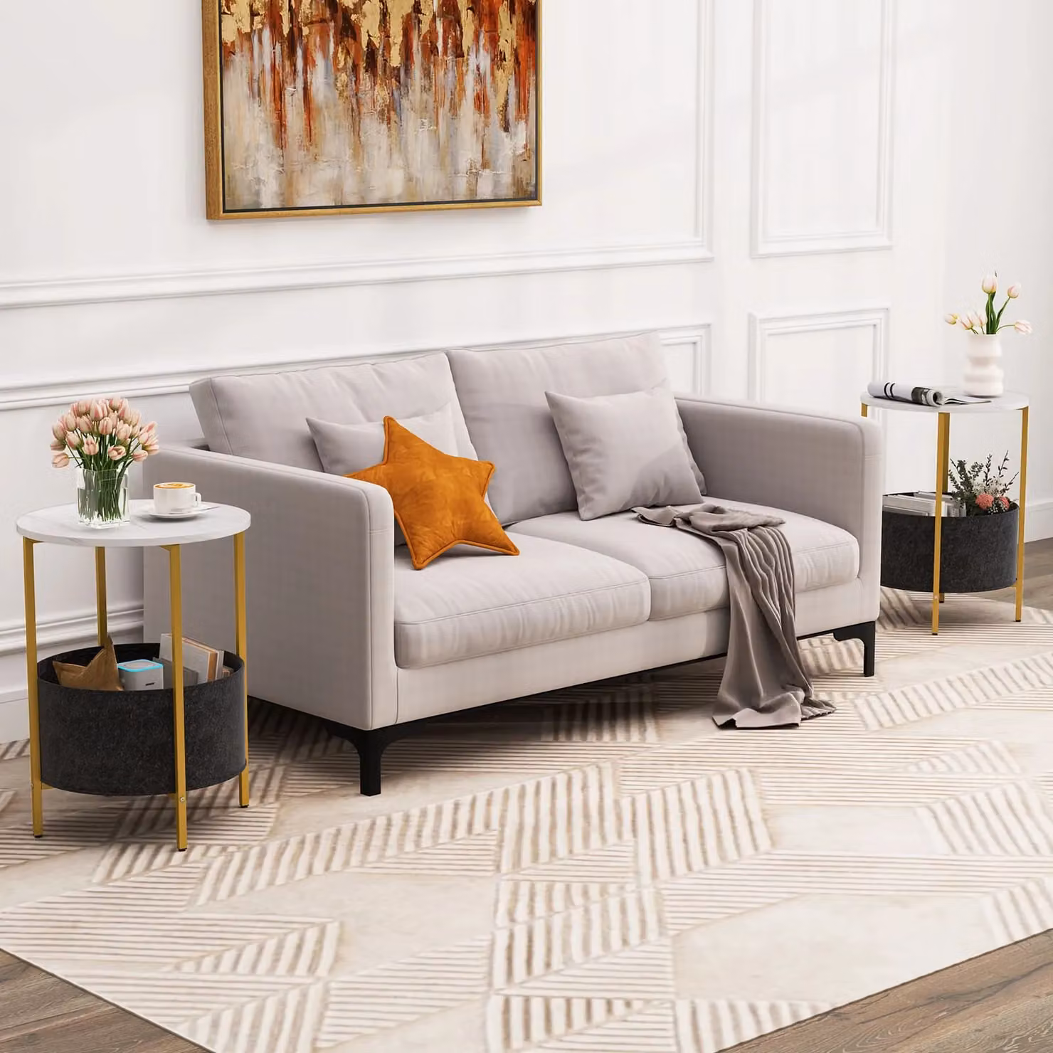Costway Round 2-Tier End Table with Fabric Basket in White – 5