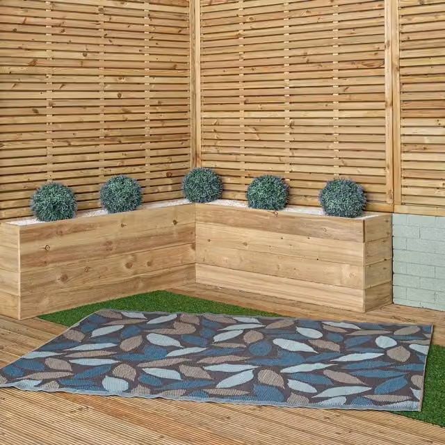 Samuel Alexander Flora Leaves Large Outdoor Alfresco Patio Rug Mat in Blue and Grey, W: 150 cm, D: 150 cm