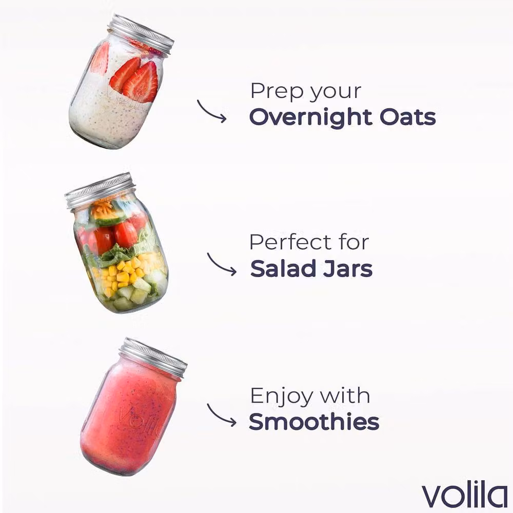 Volila 4 Pack Leakproof Glass Mason Jars with Airtight Lids for Canning, Salads and Oats, 490ml, Clear and Silver – 2