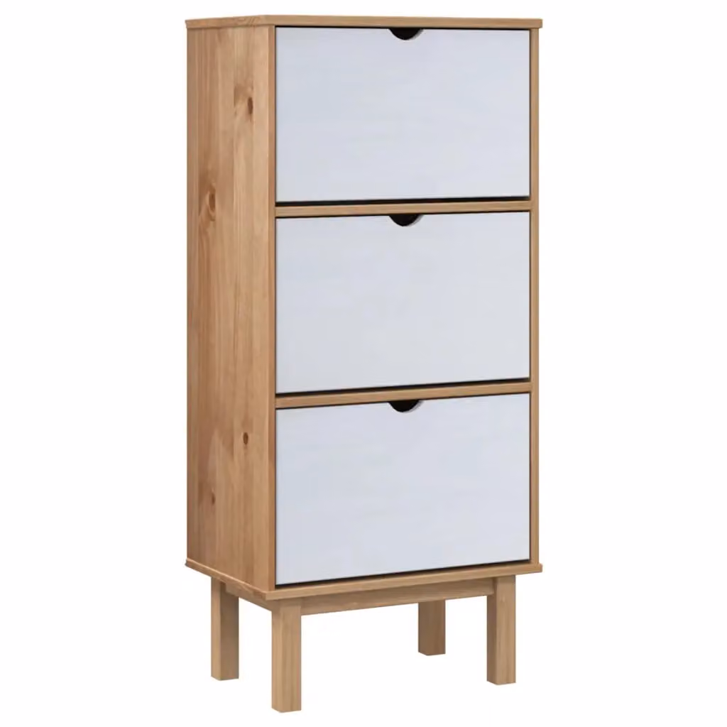 Berkfield Home OTTA Shoe Cabinet with 3 Drawers and Tilting Compartments in Brown and White Solid Pine Wood, W/D/H: 120 x 55 x 6 cm – 2