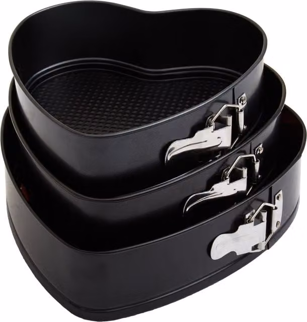 Orsina Set of 3 Non-Stick Heart Shaped Carbon Steel Springform Cake Tins, Black