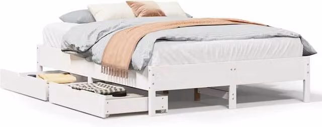Berkfield Home White Solid Wood Pine Bed Frame with Drawers W/D/H: 150 x 200 cm