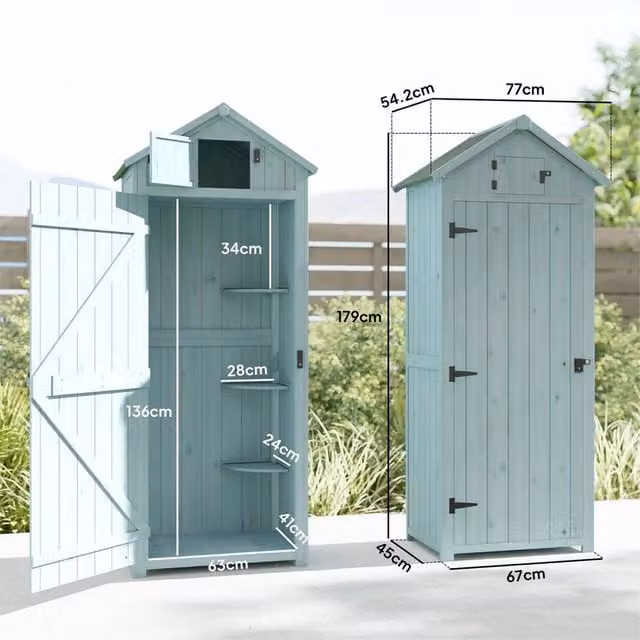 SPETLEK Blue Lacquered Wood Tall Garden Storage Cabinet with Internal Shelving, H 179.0 cm x W 67.0 cm x D 45.0 cm