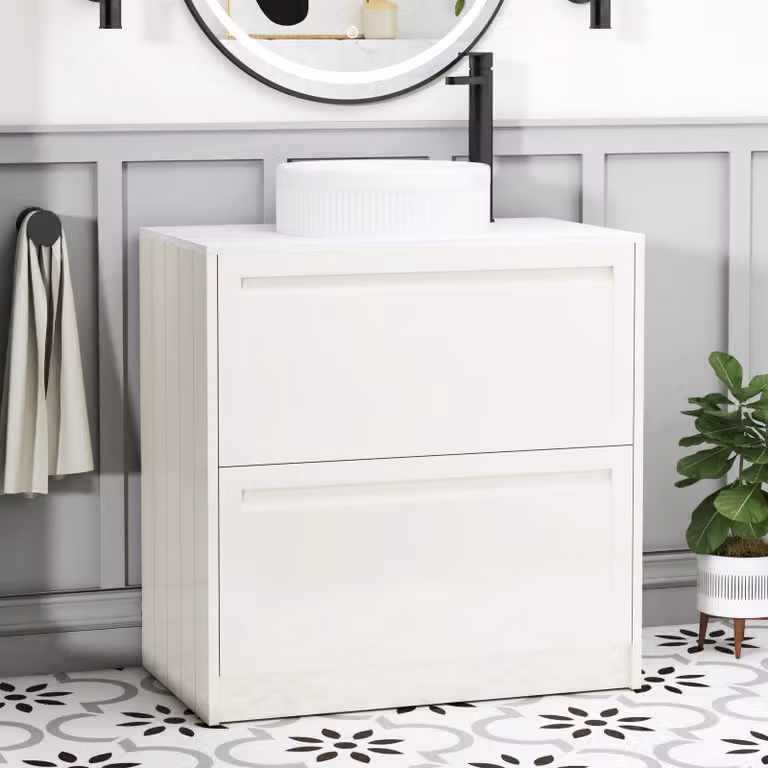 Royal Bathrooms Elmore Classic White Floor Standing Countertop Vanity Unit with 2 Drawers and Round Basin, Width: 80 cm