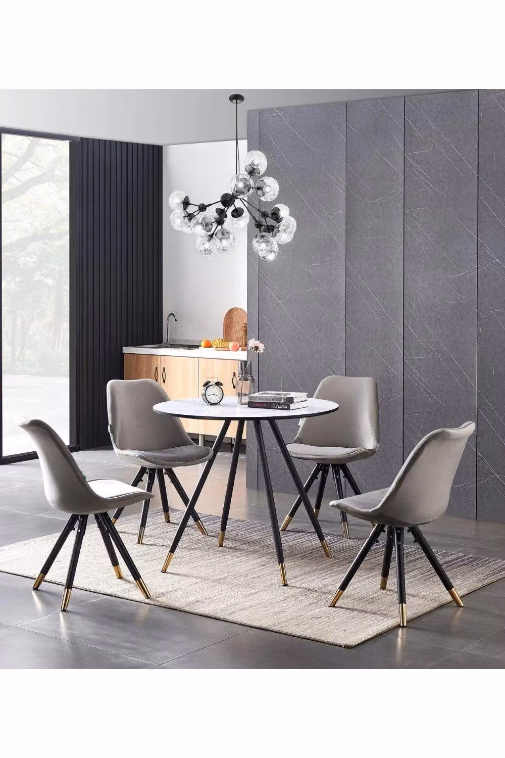 Life Interiors Sofia Dorchester Dining Set with Round Table and 4 Chairs in Grey, Black and Gold – 2