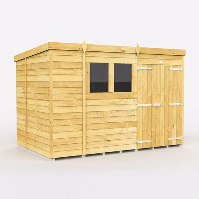 DIY Sheds Pent Shed with Double Doors and Windows, Tanalised Pressure Treated Wood, Green