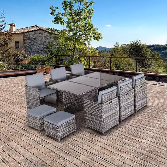 Outsunny 11-Piece Modern Grey Rattan and Aluminium Garden Furniture Set with Glass Table