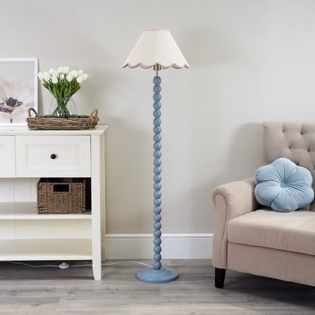 ValueLights Bobbins Floor Lamp with Fabric Scallop Shade in Pink or Blue